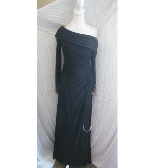 NEW Mac Duggal Black OFF THE SHOULDER Jersey JEWEL CUFFS Ruched HIGH SLIT GOWN 2 - Picture 4 of 14